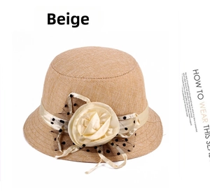 Detailansicht beige Leinen Glockenhut mit Seidenrose und gepunktetem Schleier