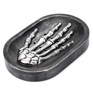 Detailed close-up of a gothic skull hand resin soap dish with vintage black silver finish
