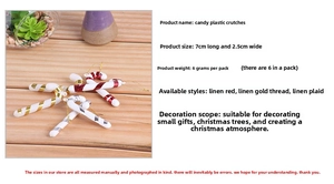 Detail of six festive red and gold candy cane ornaments with size and quantity specs