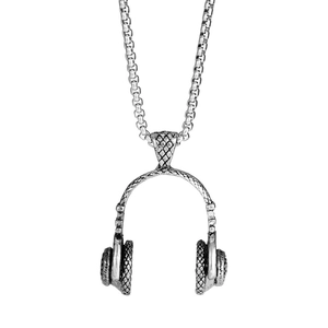 Retro silver headphone pendant necklace with textured earcups on a silver box chain