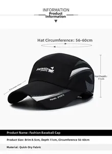Dettaglio cappello sportivo ad asciugatura rapida con specifiche di taglia e logo
