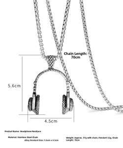 Detailed specs of stainless steel headphone pendant necklace with chain length and weight