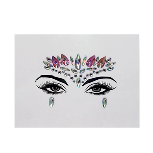 Macro detail of iridescent face jewel set with pink drop rhinestones and teardrop crystals