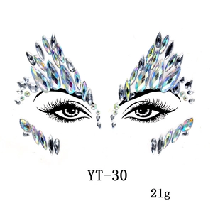 Macro detail of YT-30 iridescent AB crystal face stickers with waterdrop gemstones
