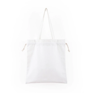 Detail of white cotton drawstring canvas bag featuring long handles and high-quality texture