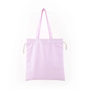 Detailed close-up of a pink cotton canvas tote bag featuring a drawstring closure system