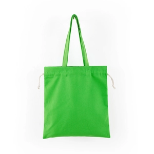 Flat lay of a green canvas drawstring tote bag with dual shoulder straps on white background