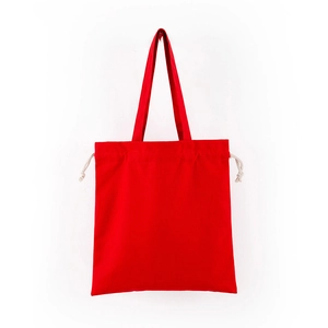 Detailed view of a red cotton drawstring canvas tote bag with shoulder straps on white background