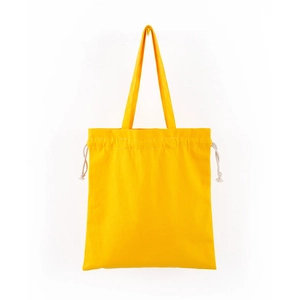 Detail of yellow cotton canvas tote bag featuring functional side drawstring closure