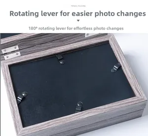 Detail of grey wood grain frame back featuring 180-degree rotating metal clips