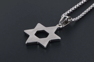 Macro shot showing the brushed metal texture and hollow hexagram star pendant design