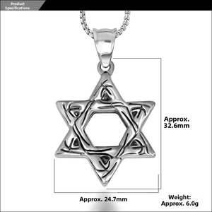 Macro shot of silver stainless steel hexagram pendant with bamboo texture and dimensions