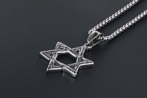 Close-up of vintage hollow hexagram pendant in silver finish with a box chain