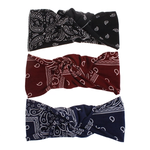 Three-piece paisley print elastic headbands in black, burgundy, and navy blue fabric