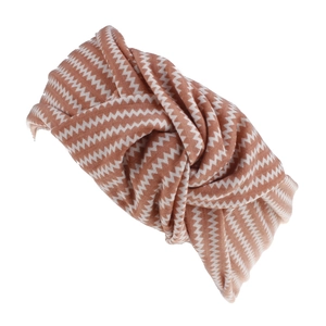 Detail of twisted headband with red and white zigzag pattern in soft knit fabric