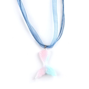Sparkly pink to blue gradient mermaid tail pendant with multi-strand blue ribbon necklace