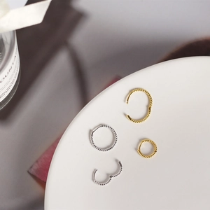 Detail of twisted rope style hoop earrings in gold and silver finishes on a white plate