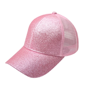 Sparkly pink sequin ponytail baseball cap with breathable mesh back for casual fashion wear
