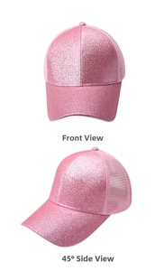 Front and 45-degree side view of pink sequined ponytail baseball cap with breathable mesh