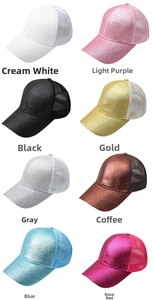 Showcase of glitter ponytail baseball caps in eight vibrant colors with breathable mesh back