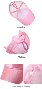 Detail view of pink glitter baseball cap with mesh back and adjustable ponytail opening