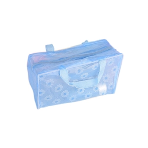 Waterproof blue floral PVC toiletry bag with zipper and handle for travel organization