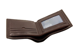 Detail view of coffee brown bifold wallet showing card slots and litchi grain texture