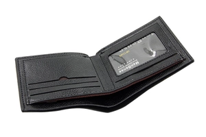 Close-up of black litchi pattern PU leather wallet with card slots and ID window