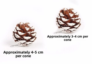 Detail of snowy pine cone ornaments in 3-4cm and 4-5cm sizes for Christmas decor