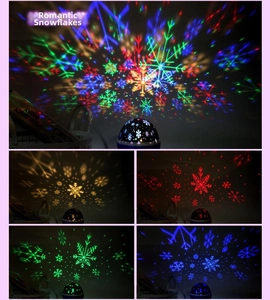 Macro view of snowflake projector night light showing five color modes in dark setting