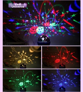 Detail of star projector showing colorful cosmic patterns and multiple LED light modes