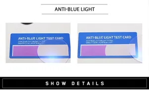 Blue light blocking test showing clear lens protection on eye glasses test card