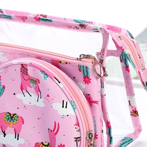 Three-piece pink alpaca pattern PVC cosmetic bag set for portable travel storage