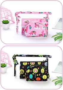 Set of 3 printed PVC toiletry bags featuring cute alpaca and owl patterns in pink and black