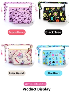 Detailed grid view of three-piece PVC cosmetic bags in four colorful print patterns