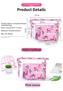 Detailed dimensions of three-piece printed pink alpaca travel makeup bag set