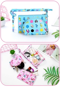 Detailed set of blue pixel and pink cactus printed PVC travel toiletry bags