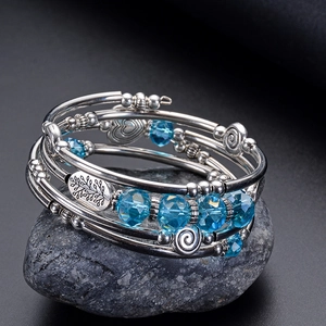 Bohemian multi-layer wrap bracelet with sky blue crystal beads and tree of life charms