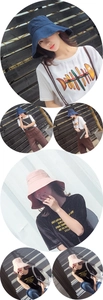 Vues multiples de chapeaux bobs bleu marine et rose à larges bords pour l'été
