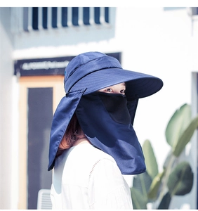 Dettaglio del cappello da sole blu navy con maschera rimovibile e protezione per il collo