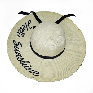 Women's beige straw sun hat with 'Hello Sunshine' embroidery and black ribbon bow