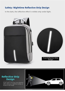 Detail view of the backpack showing safety reflective strip in nighttime lighting conditions