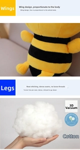 Detail of bee plush toy wings with high-density stitching and soft fiber cotton filling