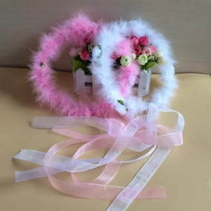 Pink and white feather halo headbands with ribbons for party costume accessories
