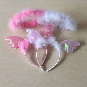 White and pink fluffy feather angel halo headbands with iridescent wings for parties
