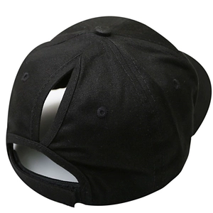 Women's black cotton ponytail baseball cap with adjustable strap and open back design