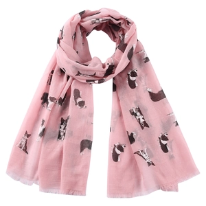 Pink scarf with corgi dog pattern print and fringe edges for women outdoor sun protection