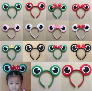 Detailed grid of plush frog headbands in various colors with polka dot bows and crowns