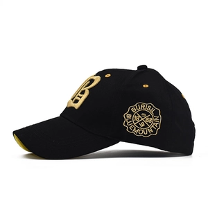 Retro black cotton baseball cap with golden 3D B embroidery and contrast yellow brim