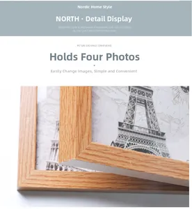 Detail showing the Nordic style wood grain frame with a 4-photo capacity layout